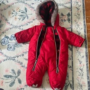 Red Baby Snowsuit with Faux Fur Hood